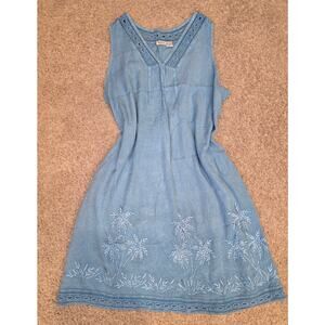 Raya Sun blue cotton sleeveless knee length dress, palm trees sz XL